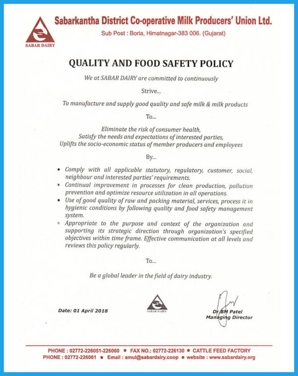 Quality and Food Safety Policy – Sabar Dairy